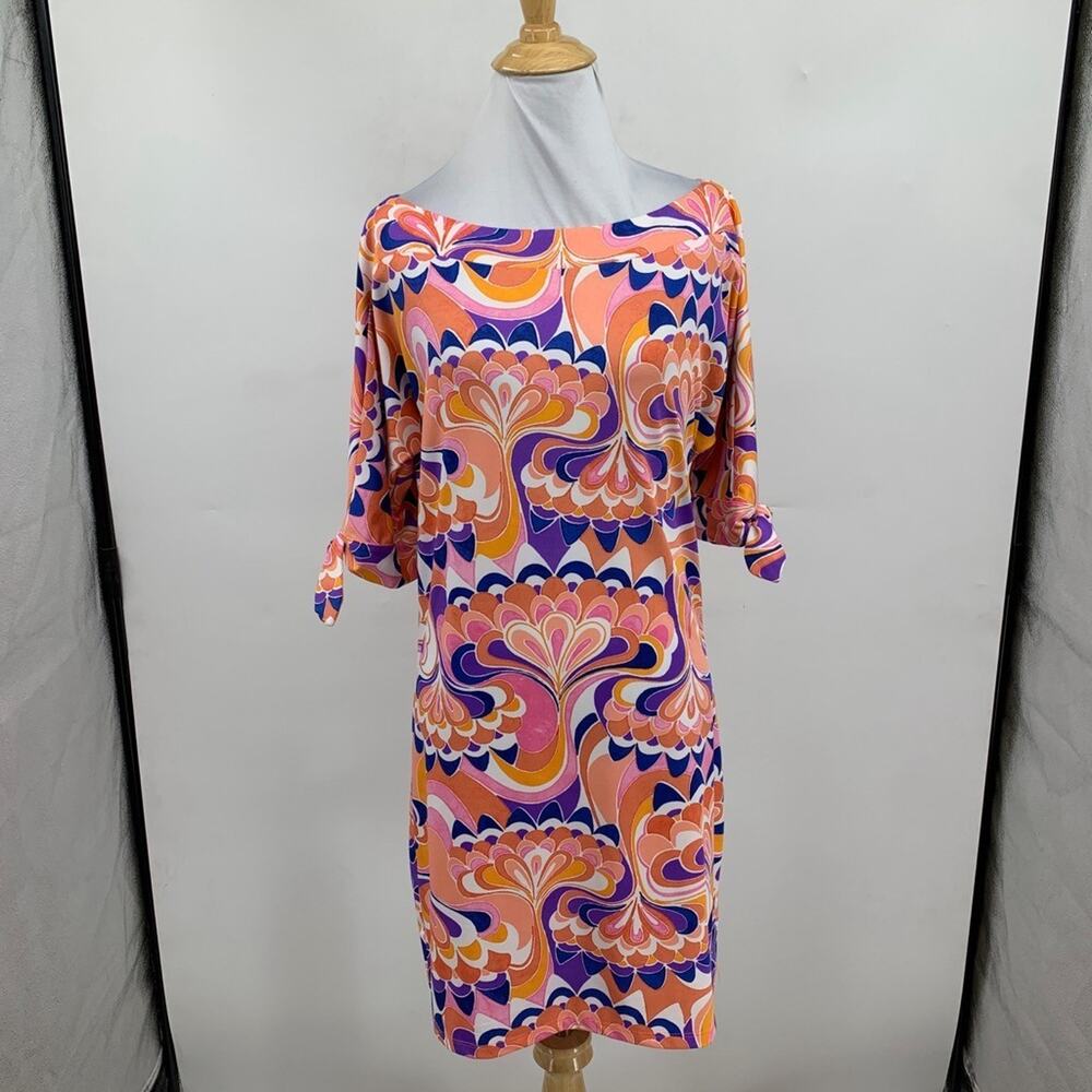 Trina Turk Dress Womens S Small Printed Coco Knot It Split Tie Sleeve Boat Neck - Picture 2 of 11
